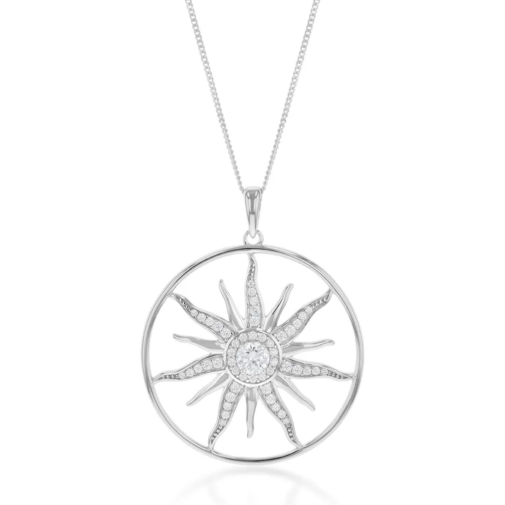 Sterling Silver Sun Circle With Cubic Zirconia Pendant