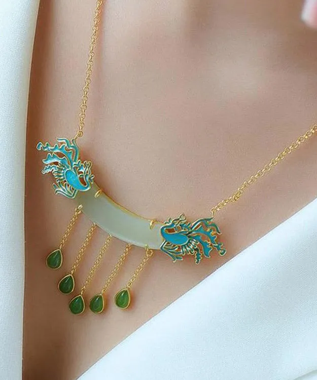 Style White Jade Enamel Phoenix Lariat Necklace