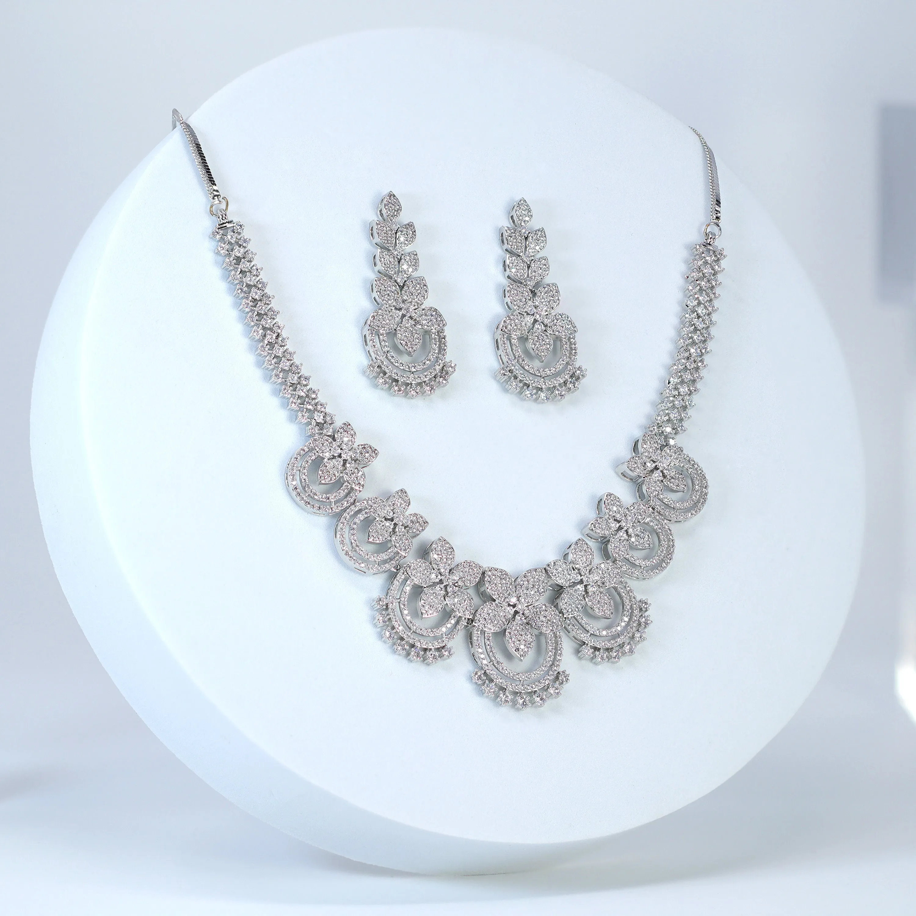 Swarovski Crystal Rose Gold Silver Flower Cascade Necklace set, Gift for her, Bride Necklace, Wedding Necklace Set Cz.