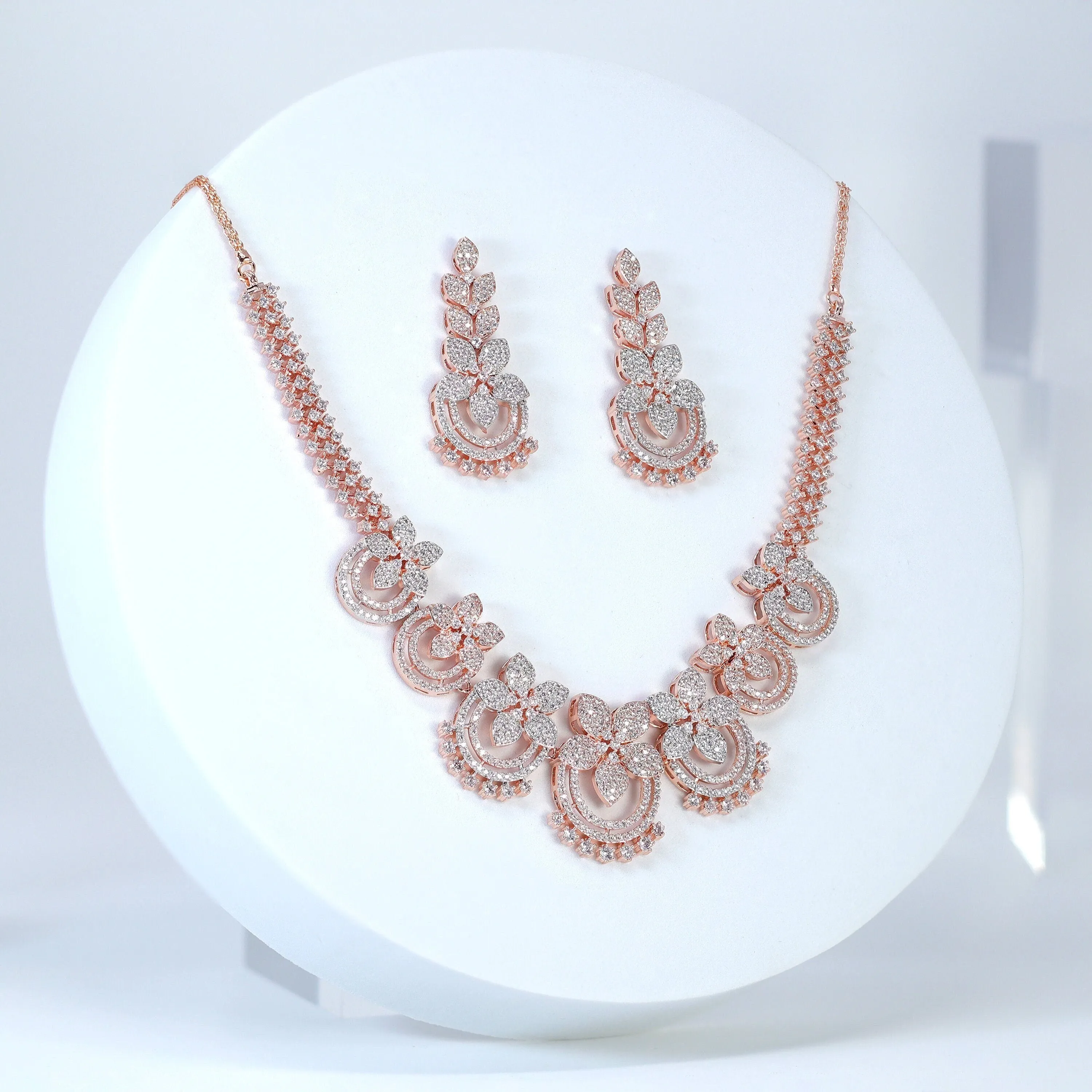 Swarovski Crystal Rose Gold Silver Flower Cascade Necklace set, Gift for her, Bride Necklace, Wedding Necklace Set Cz.