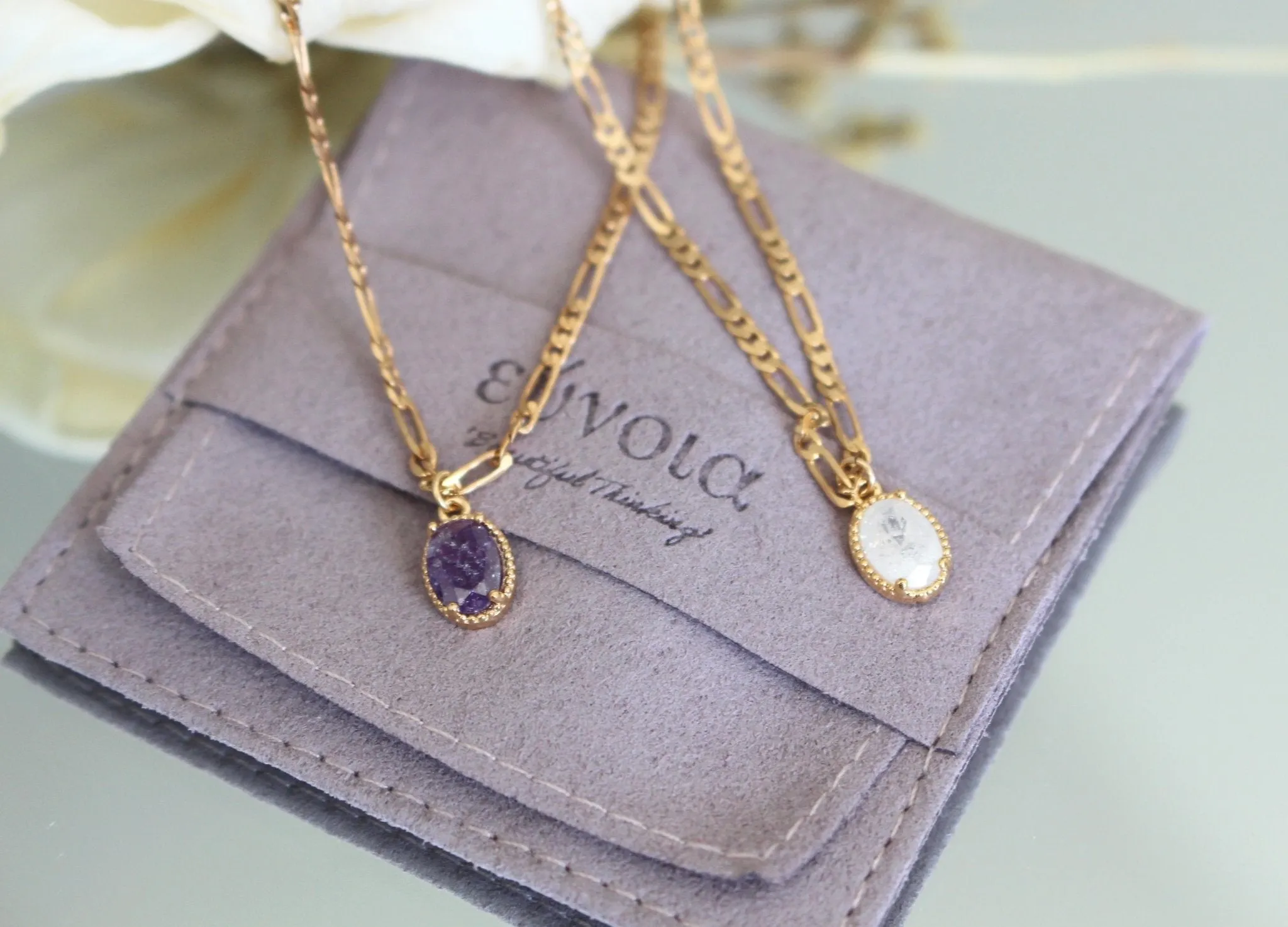 Sylvie Double Gold Plated Link Chain Necklace w. Oval Gem Pendant | Vintage Inspired