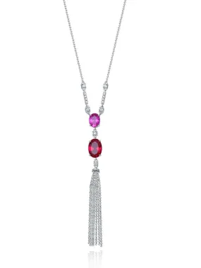 Tassel Fringe Lariat Necklace 925 Sterling Silver Oval Pink and Red Ruby Zircon Statement Luxury Necklace