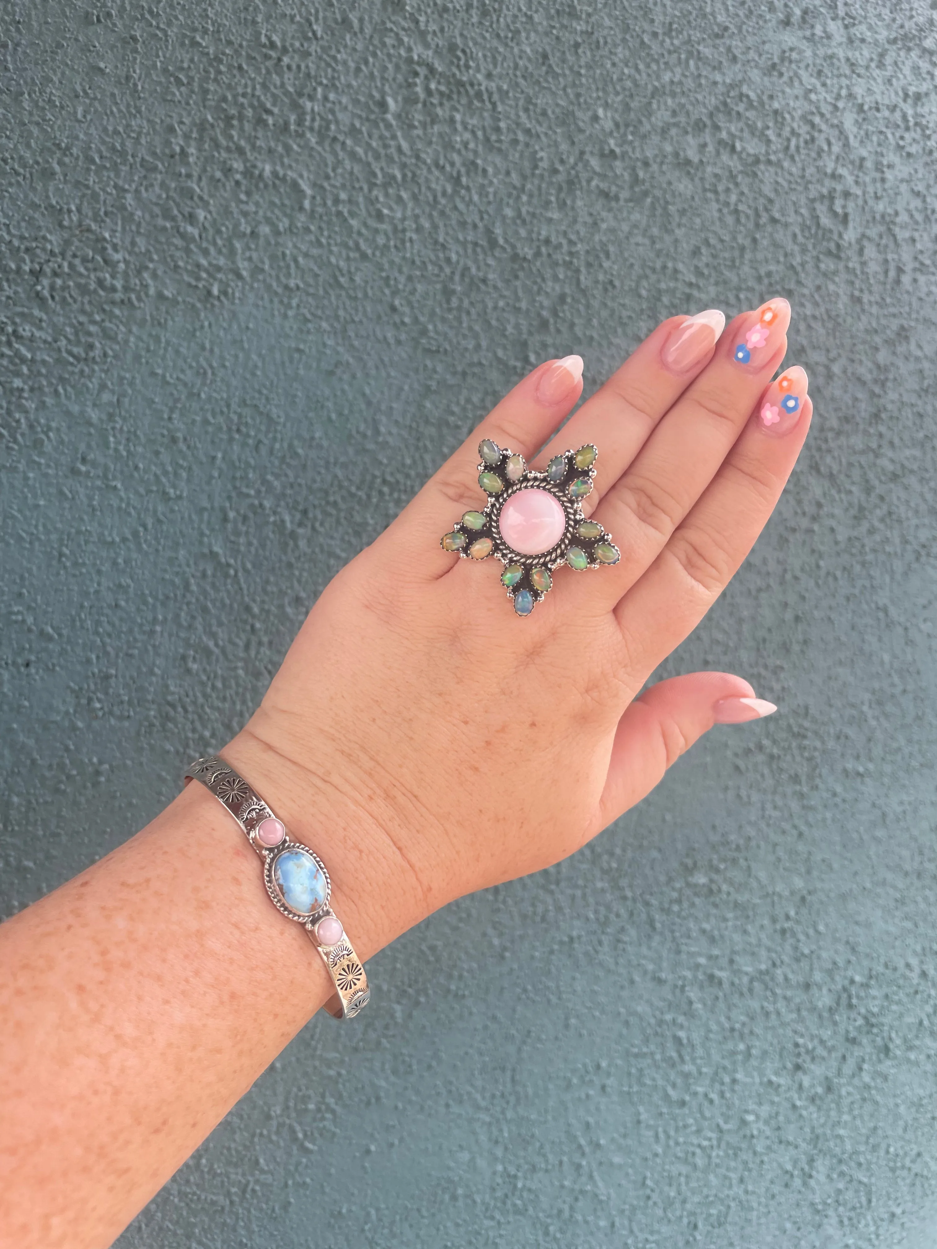 “The Goldie” Handmade Sterling Silver, Golden Hills, & Pink Conch Adjustable Cuff Bracelet