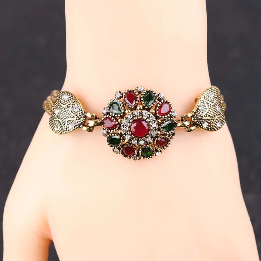 Turkey Bracelet For Women Tibetan Silver Alloy Agate Red Resin Plating 18K Gold Bangle Retro Bohemian Roman Royal Jewelry