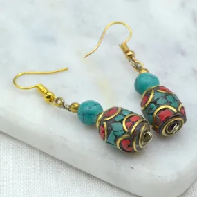 Turquoise & Coral Barrel Earrings with Turquoise Bead