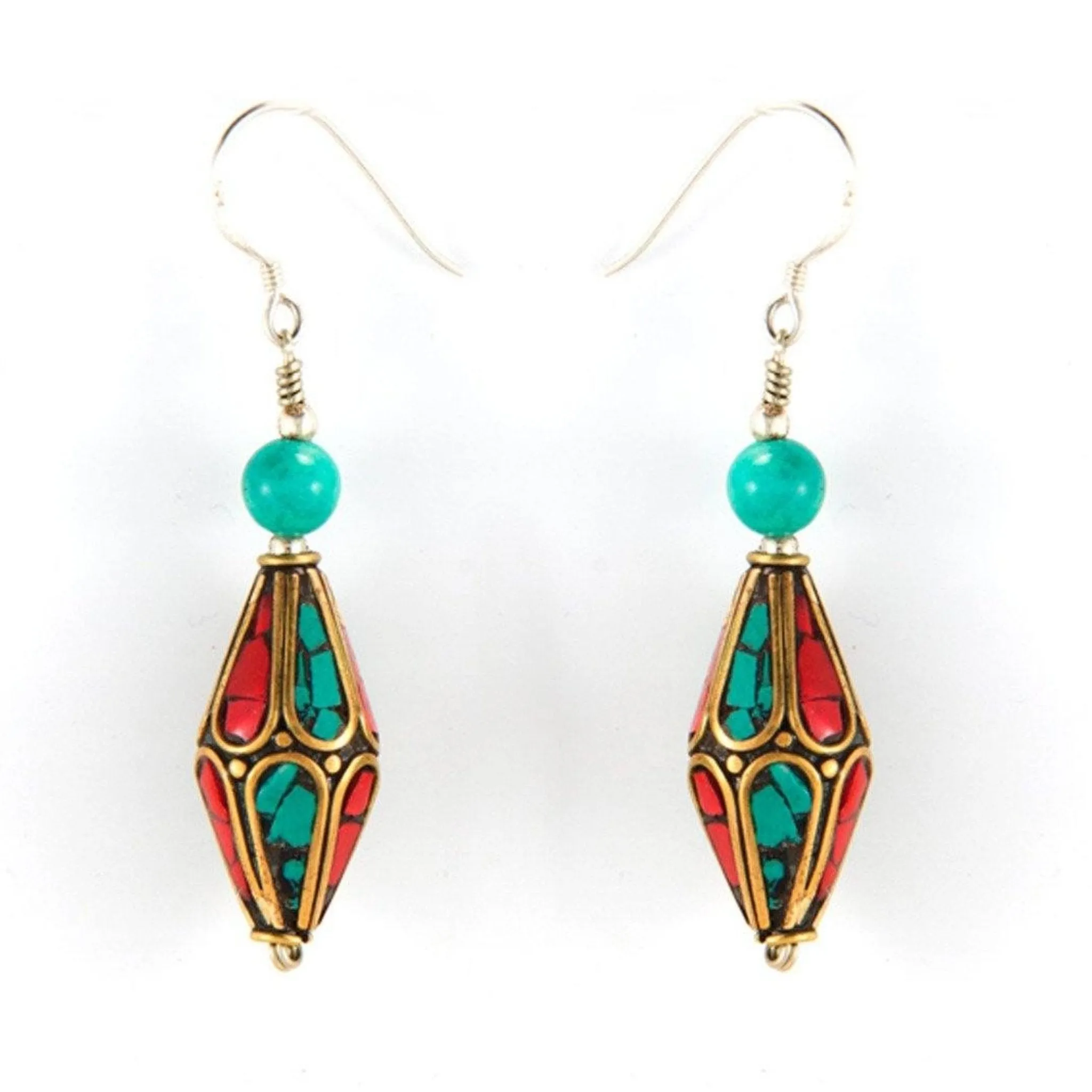 Turquoise & Coral Cone Tibetan Earrings