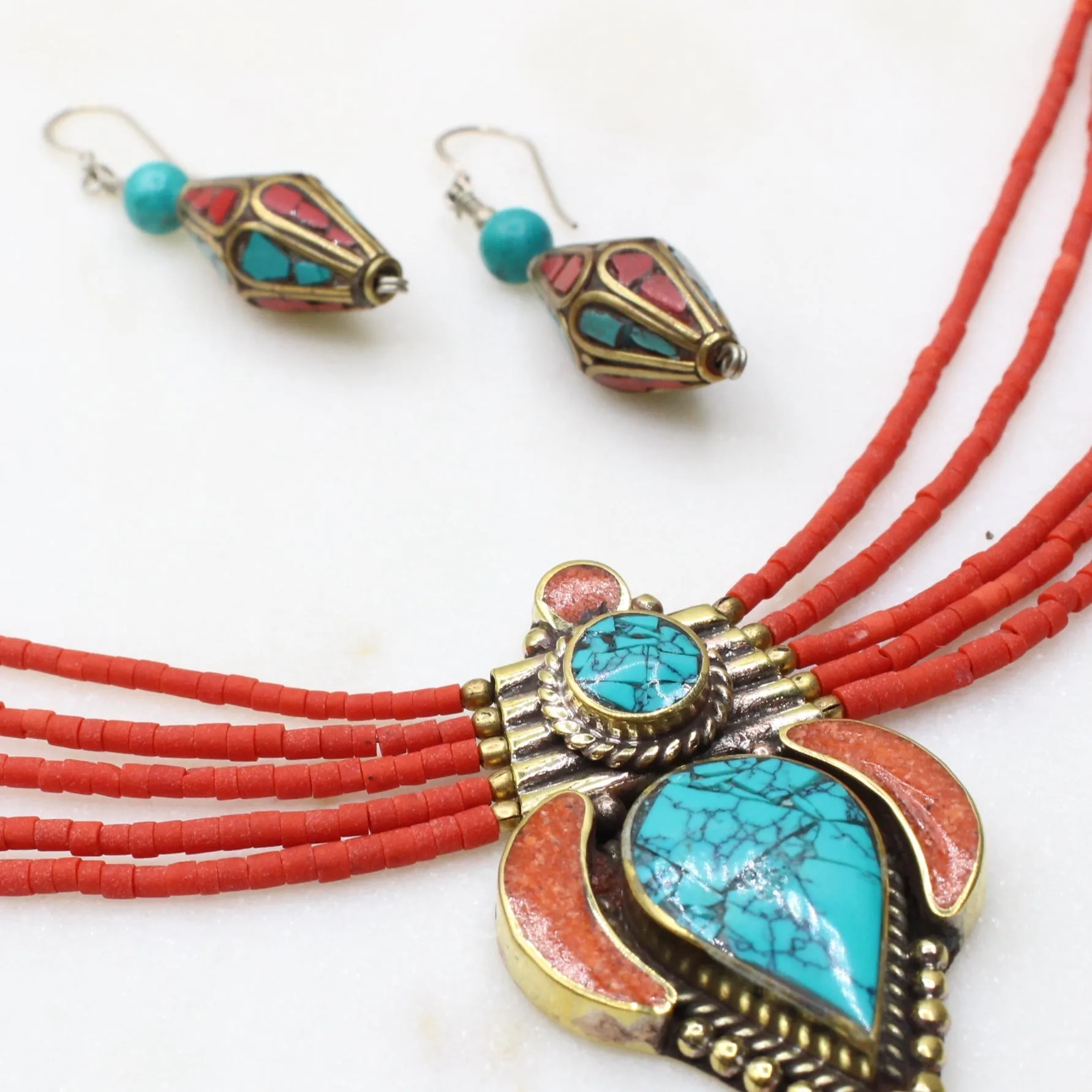 Turquoise & Coral Cone Tibetan Earrings