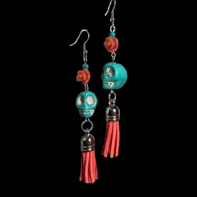 Turquoise and Coral Skull Tassel Earrings