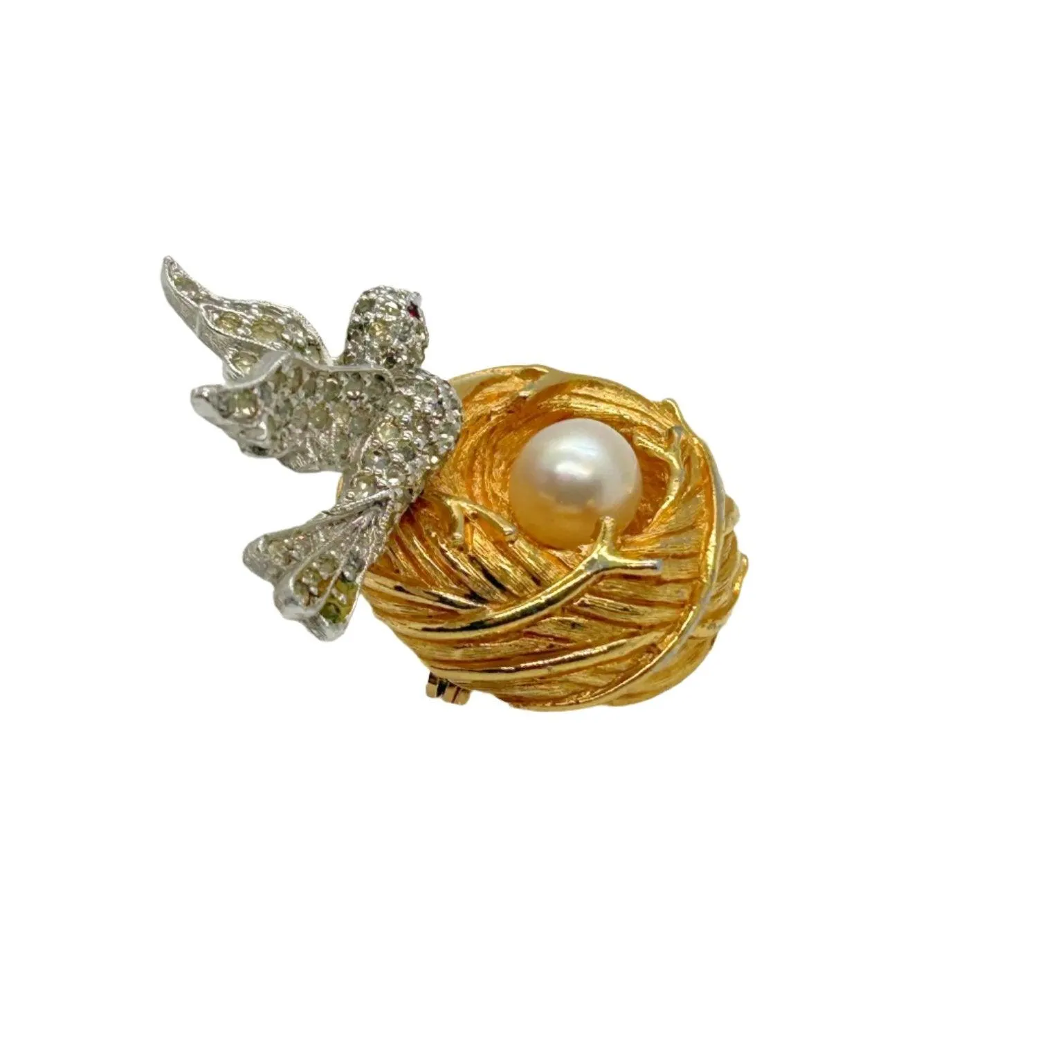 Two-tone Vintage Bird and Nest with Pearl Egg Brooch