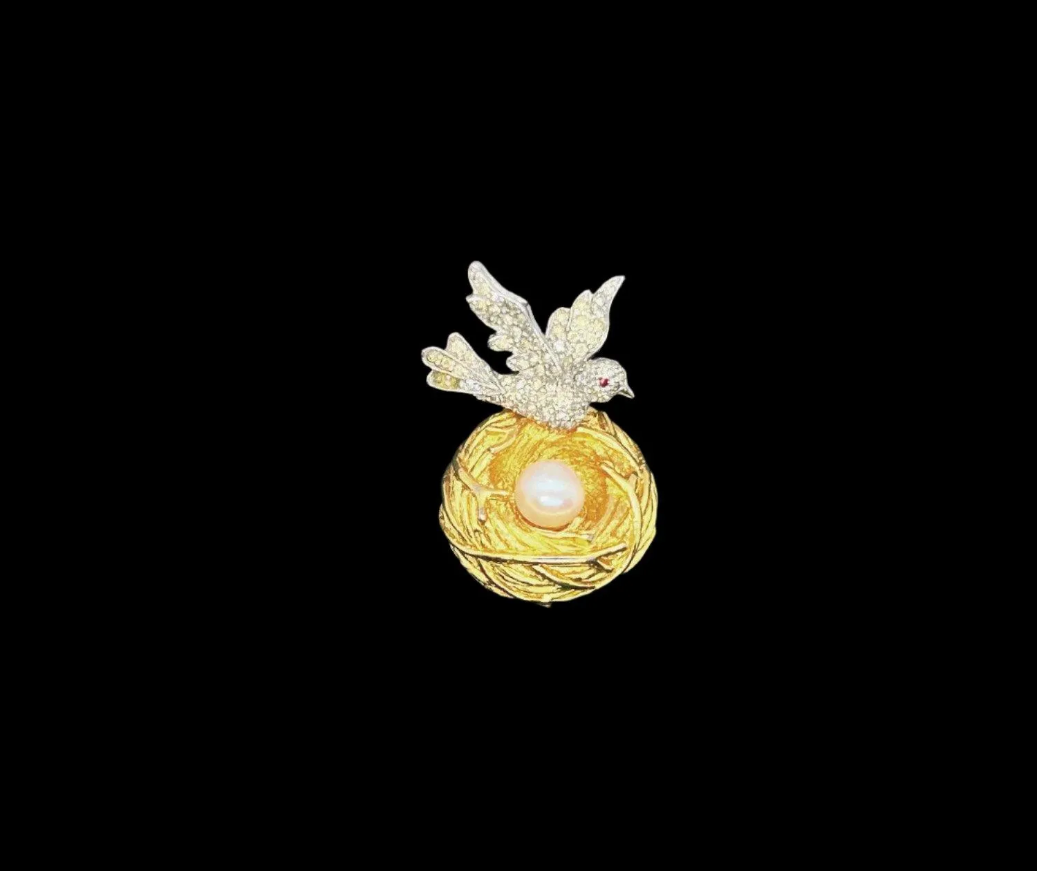 Two-tone Vintage Bird and Nest with Pearl Egg Brooch