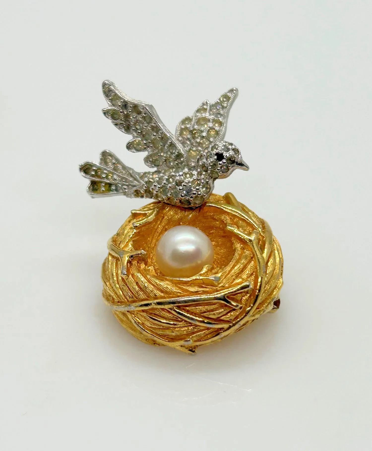 Two-tone Vintage Bird and Nest with Pearl Egg Brooch