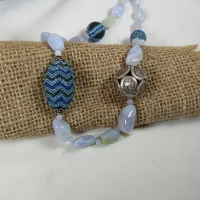 Unique Bead Necklace in Chalodony and Blue Seed Beads