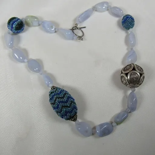 Unique Bead Necklace in Chalodony and Blue Seed Beads