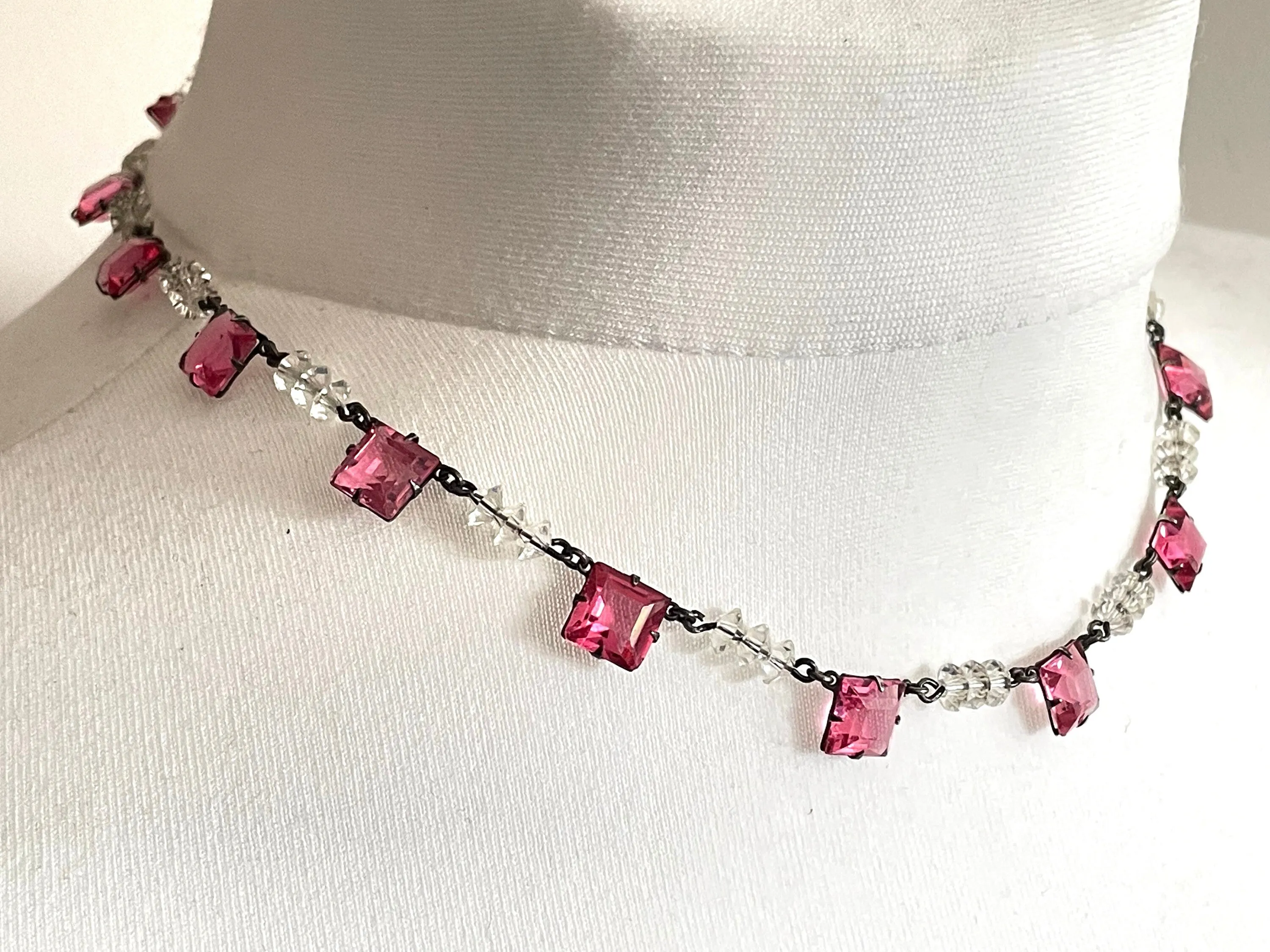 Vintage Art Deco bezel set pink princess cut (square) rhinestone and clear faceted crystal bead riviere necklace, open-backed rhinestones