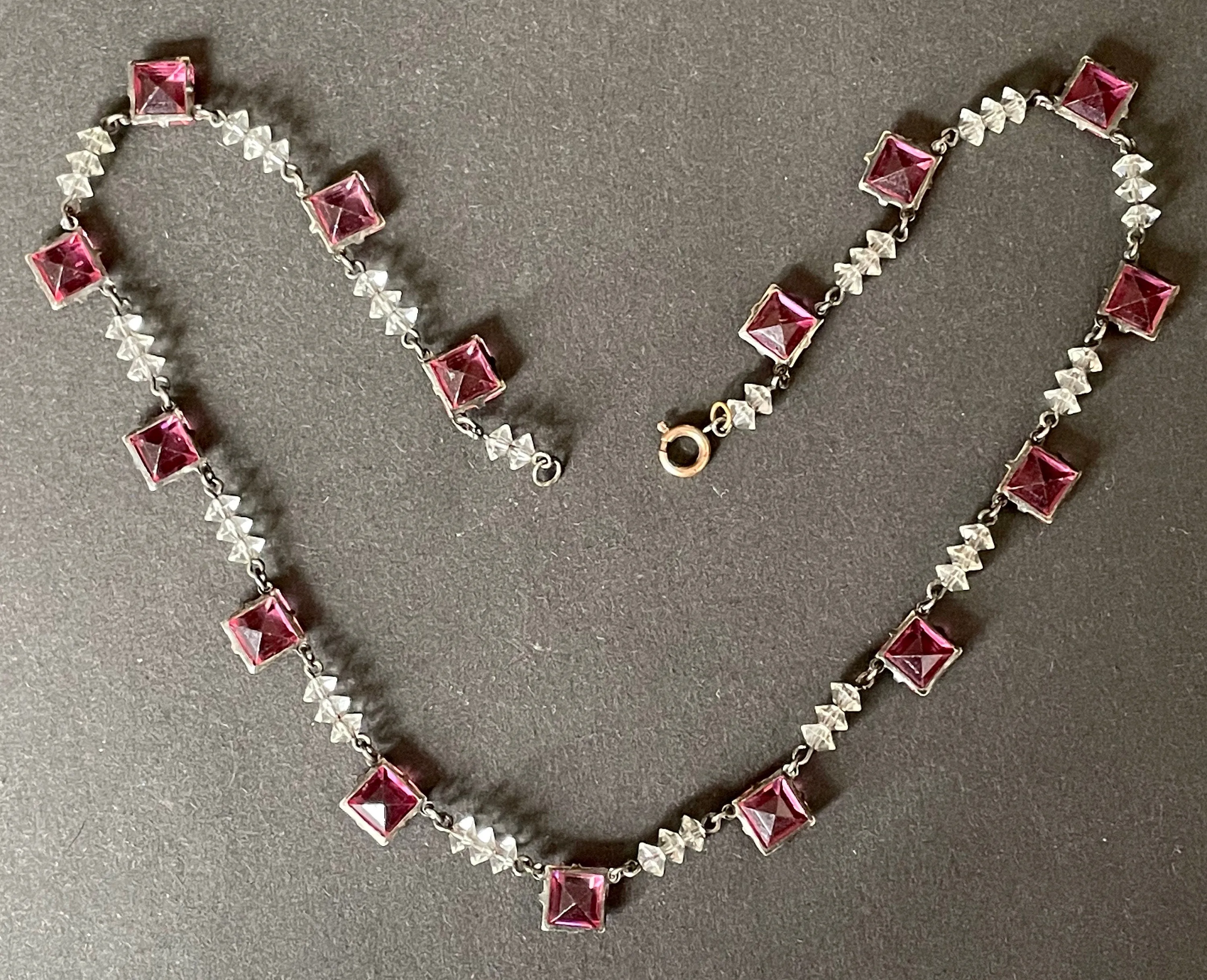 Vintage Art Deco bezel set pink princess cut (square) rhinestone and clear faceted crystal bead riviere necklace, open-backed rhinestones