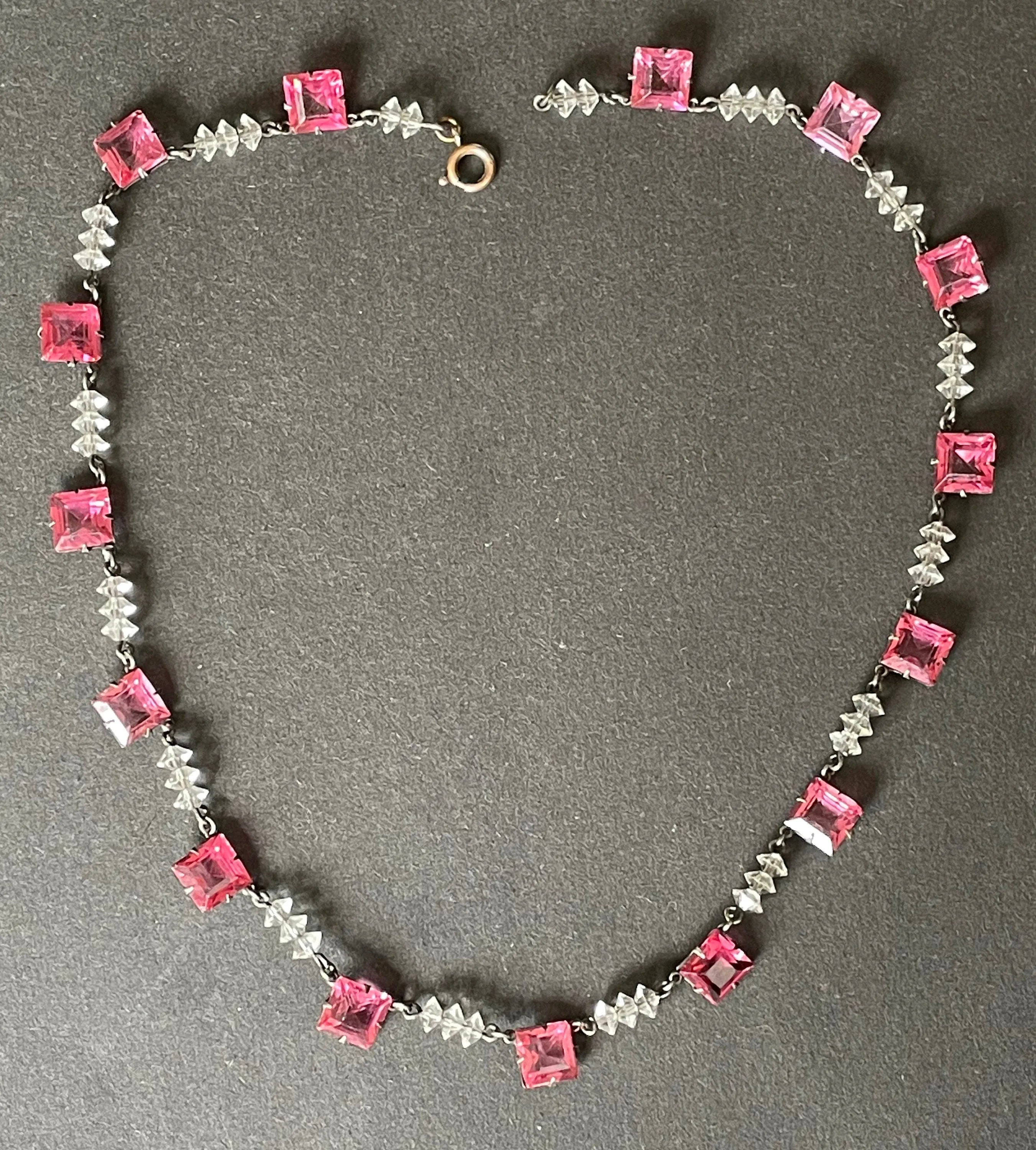 Vintage Art Deco bezel set pink princess cut (square) rhinestone and clear faceted crystal bead riviere necklace, open-backed rhinestones