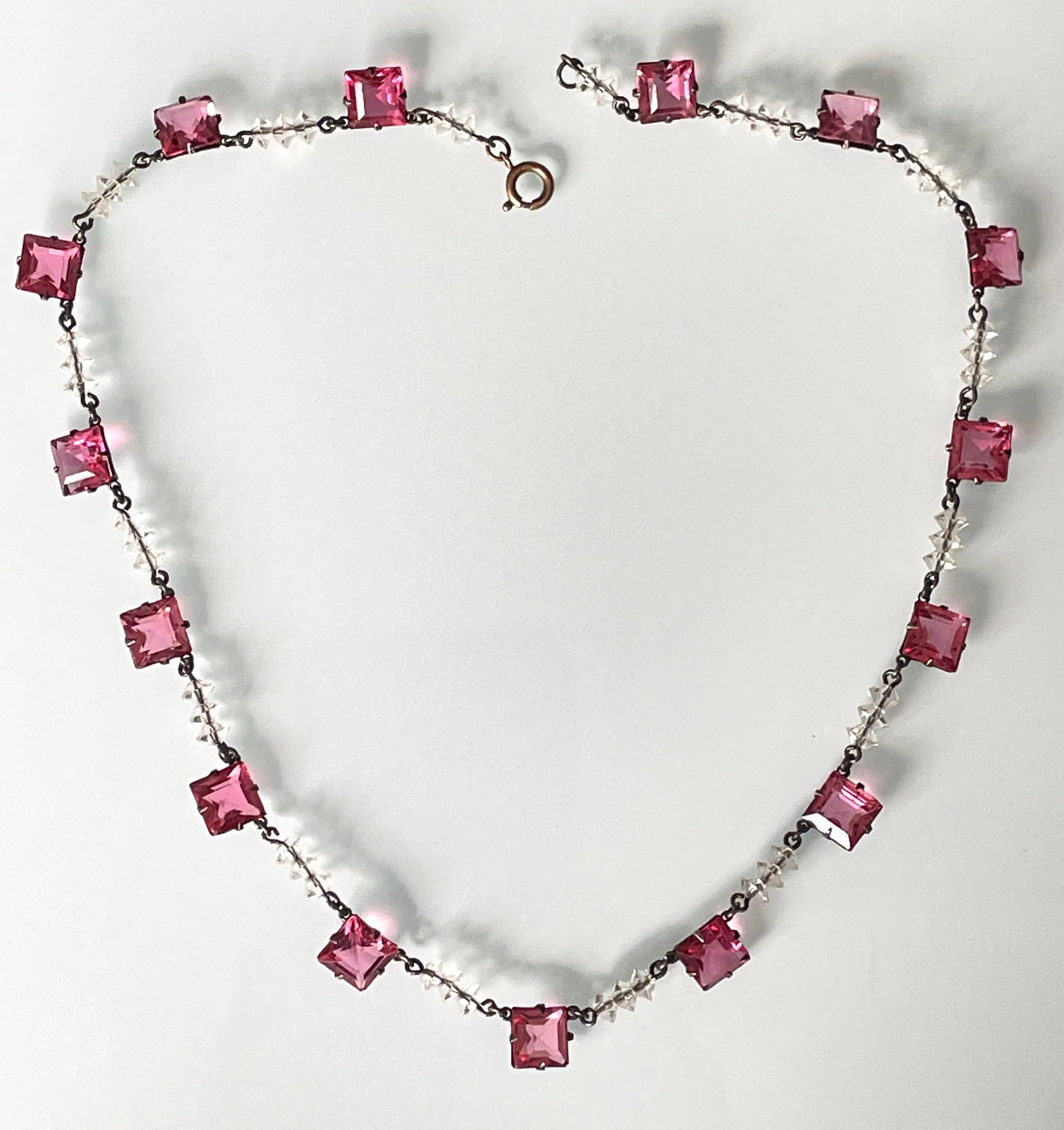 Vintage Art Deco bezel set pink princess cut (square) rhinestone and clear faceted crystal bead riviere necklace, open-backed rhinestones