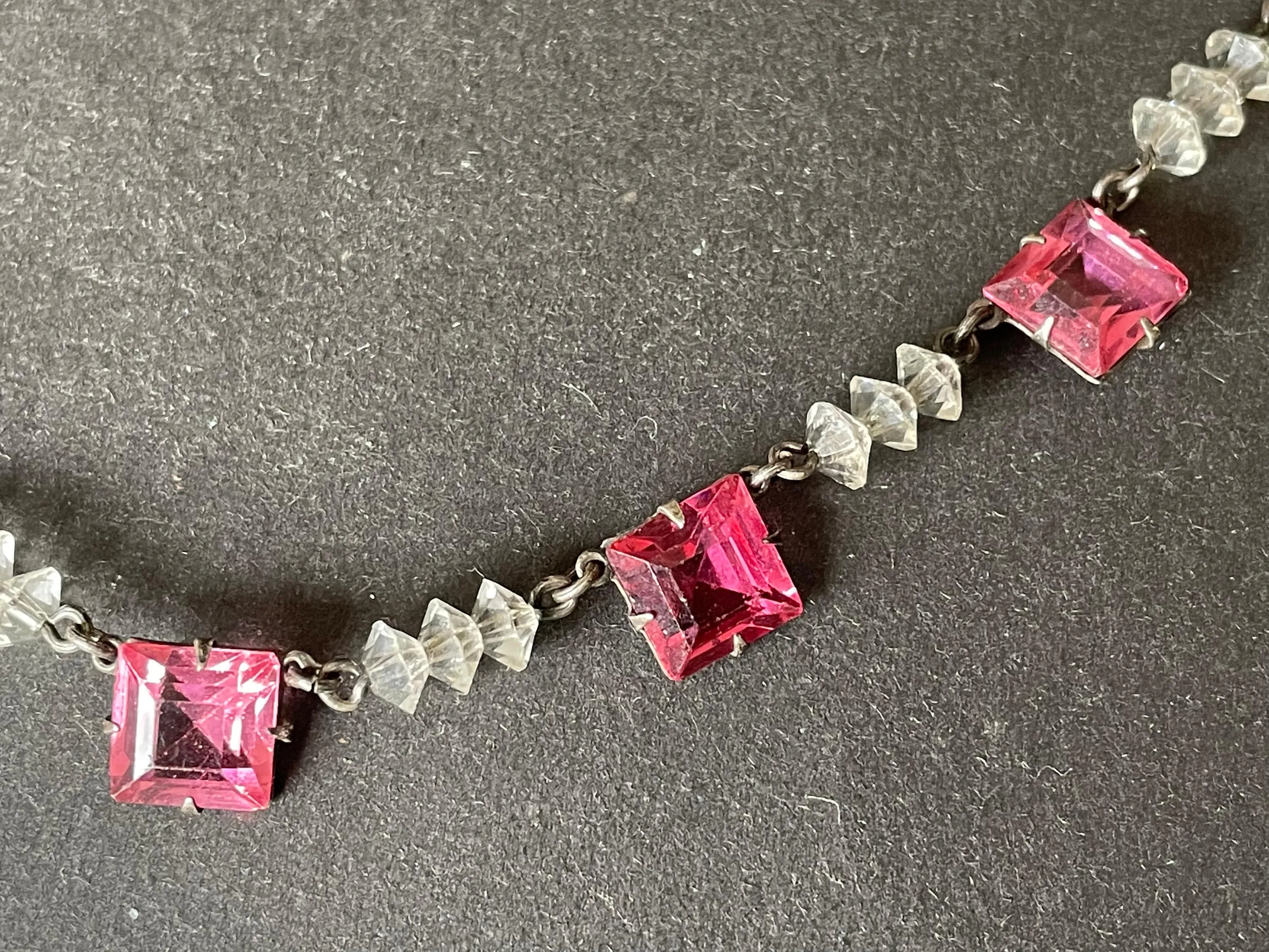 Vintage Art Deco bezel set pink princess cut (square) rhinestone and clear faceted crystal bead riviere necklace, open-backed rhinestones