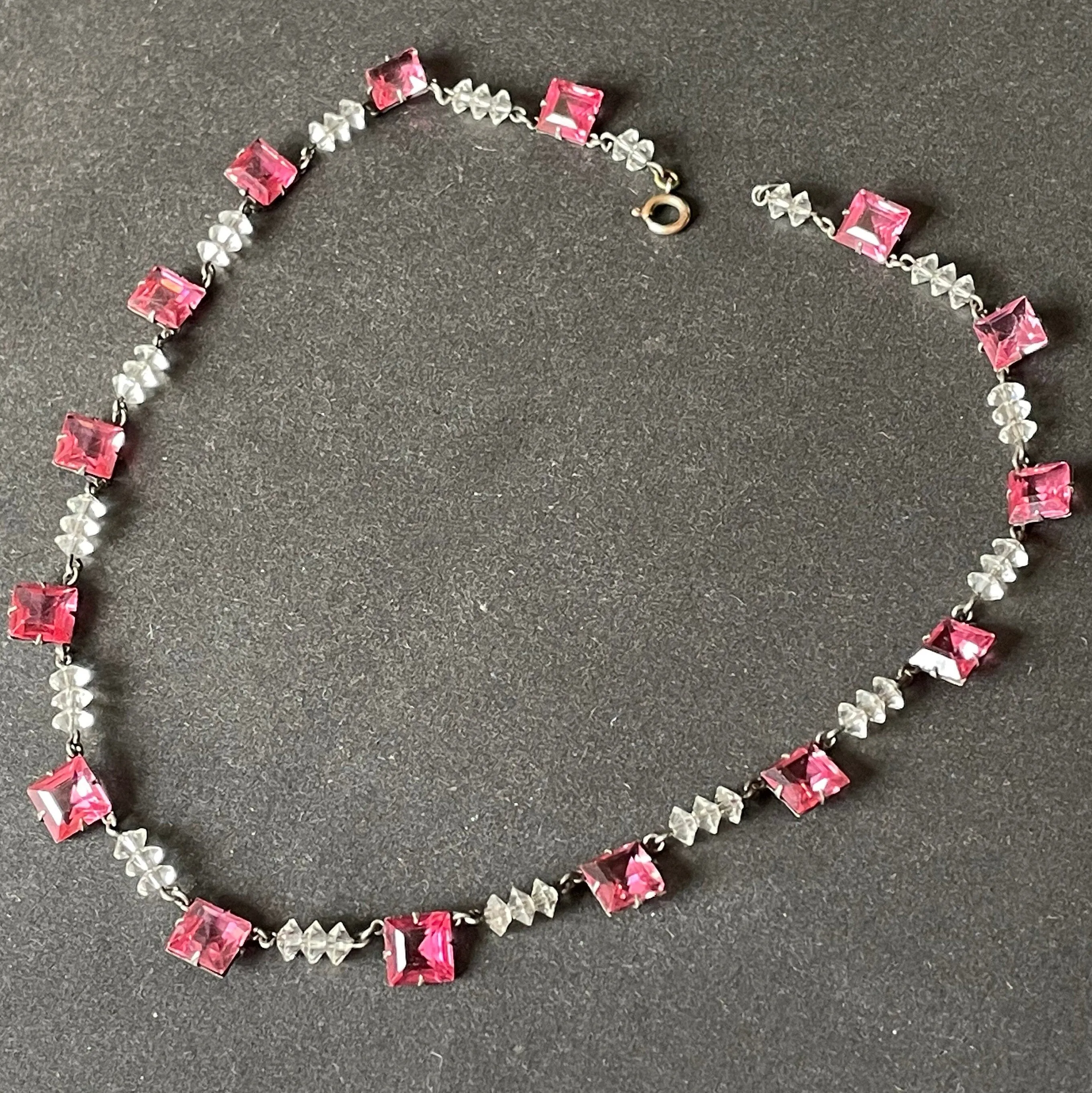 Vintage Art Deco bezel set pink princess cut (square) rhinestone and clear faceted crystal bead riviere necklace, open-backed rhinestones