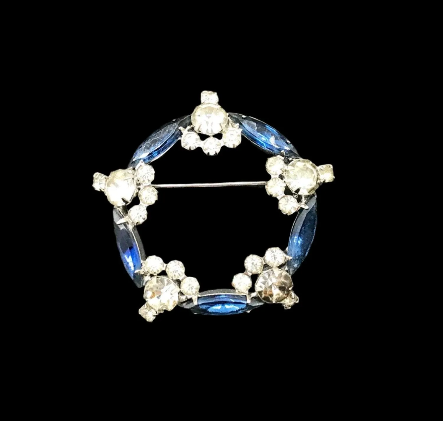 Vintage Art Deco Style  Blue & Clear Rhinestone Circle Brooch