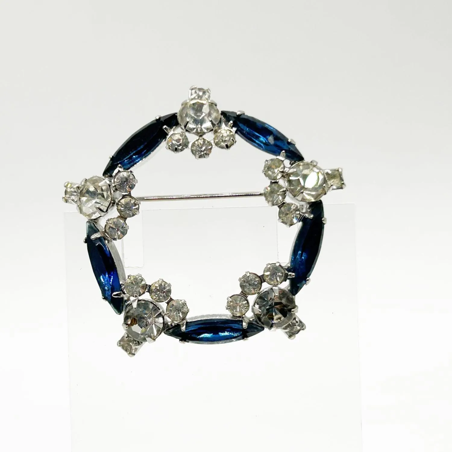 Vintage Art Deco Style  Blue & Clear Rhinestone Circle Brooch