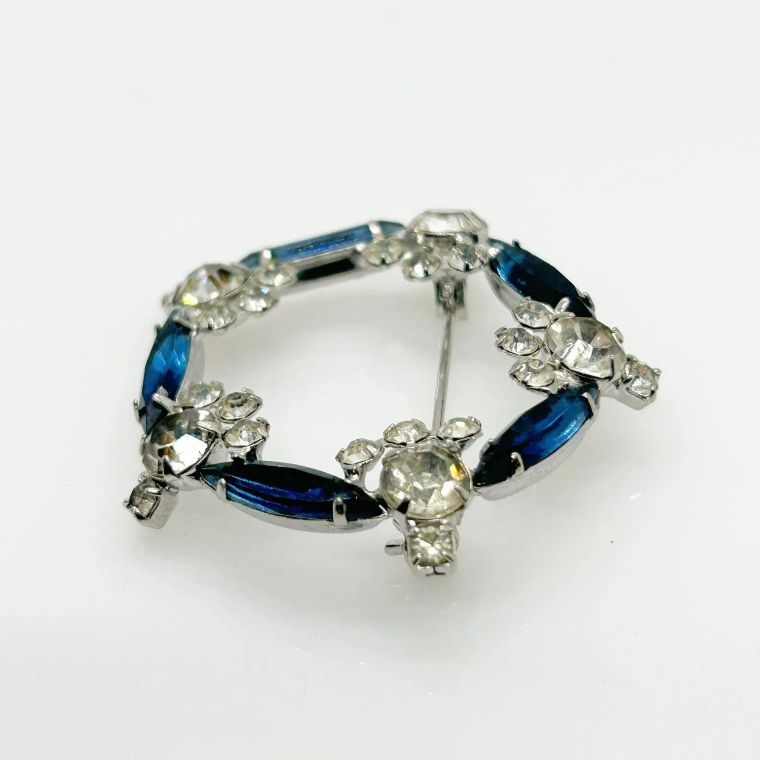 Vintage Art Deco Style  Blue & Clear Rhinestone Circle Brooch