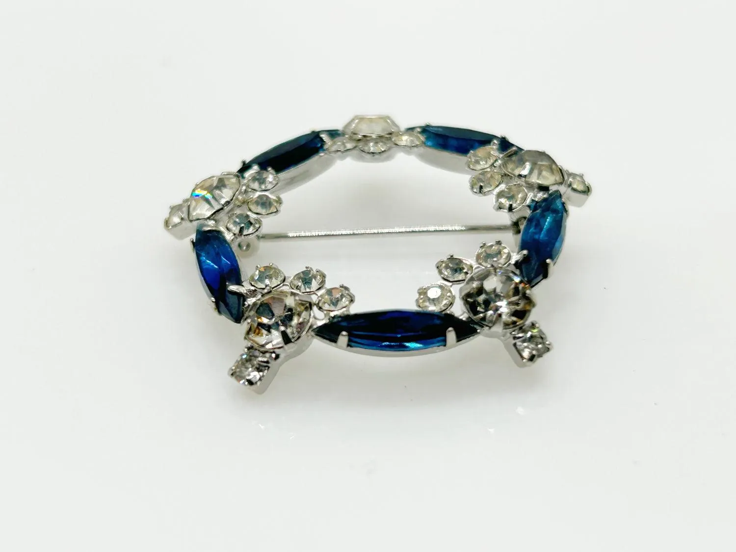 Vintage Art Deco Style  Blue & Clear Rhinestone Circle Brooch