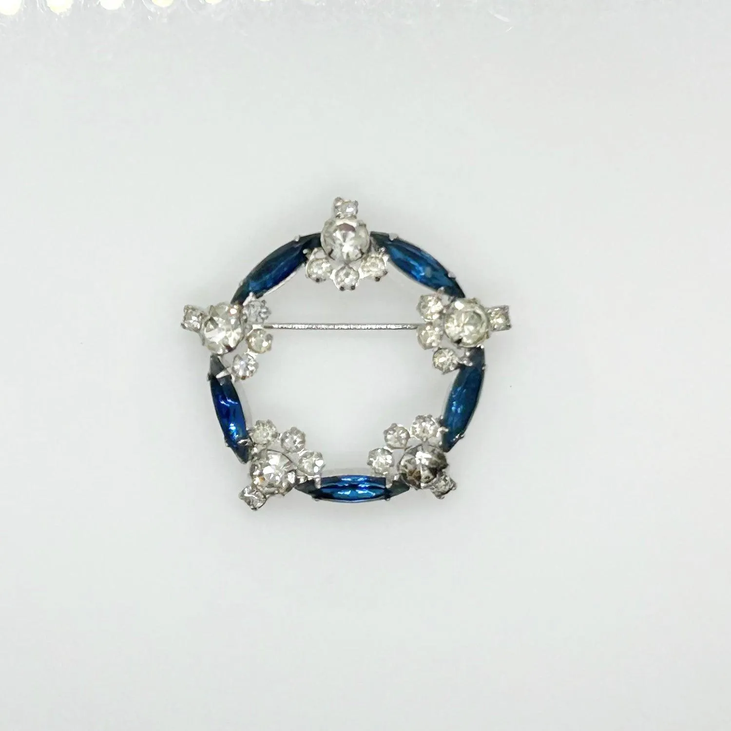 Vintage Art Deco Style  Blue & Clear Rhinestone Circle Brooch