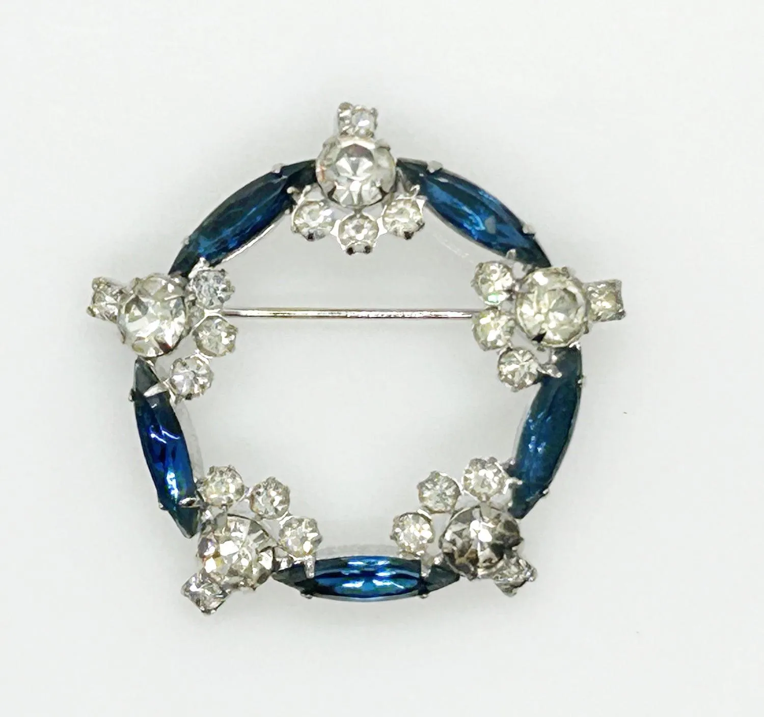 Vintage Art Deco Style  Blue & Clear Rhinestone Circle Brooch