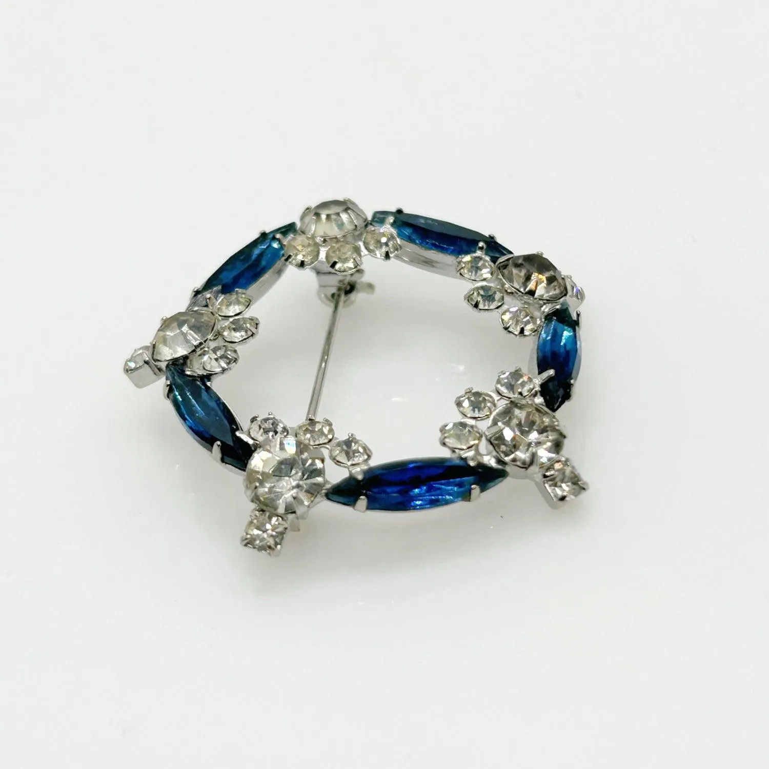 Vintage Art Deco Style  Blue & Clear Rhinestone Circle Brooch