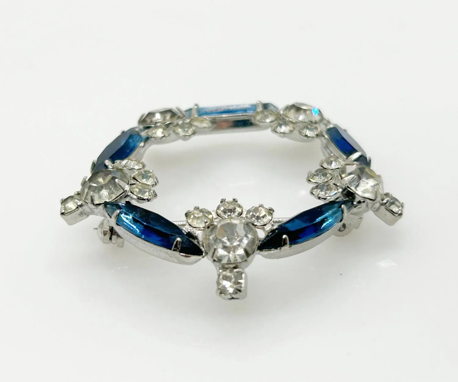 Vintage Art Deco Style  Blue & Clear Rhinestone Circle Brooch