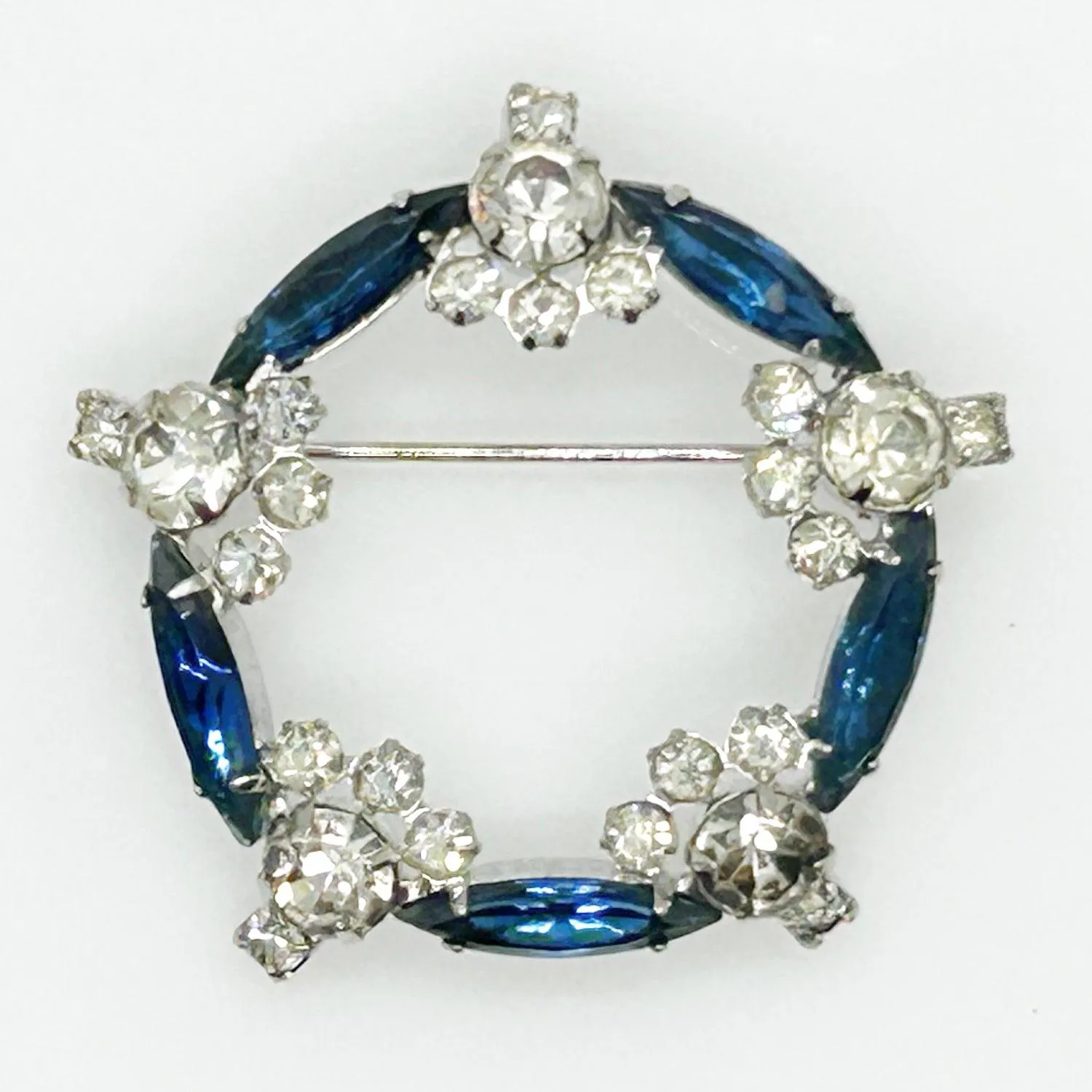 Vintage Art Deco Style  Blue & Clear Rhinestone Circle Brooch