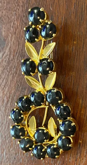 Vintage Gold Tone Black Stone Flower Leaf Brooch Pin