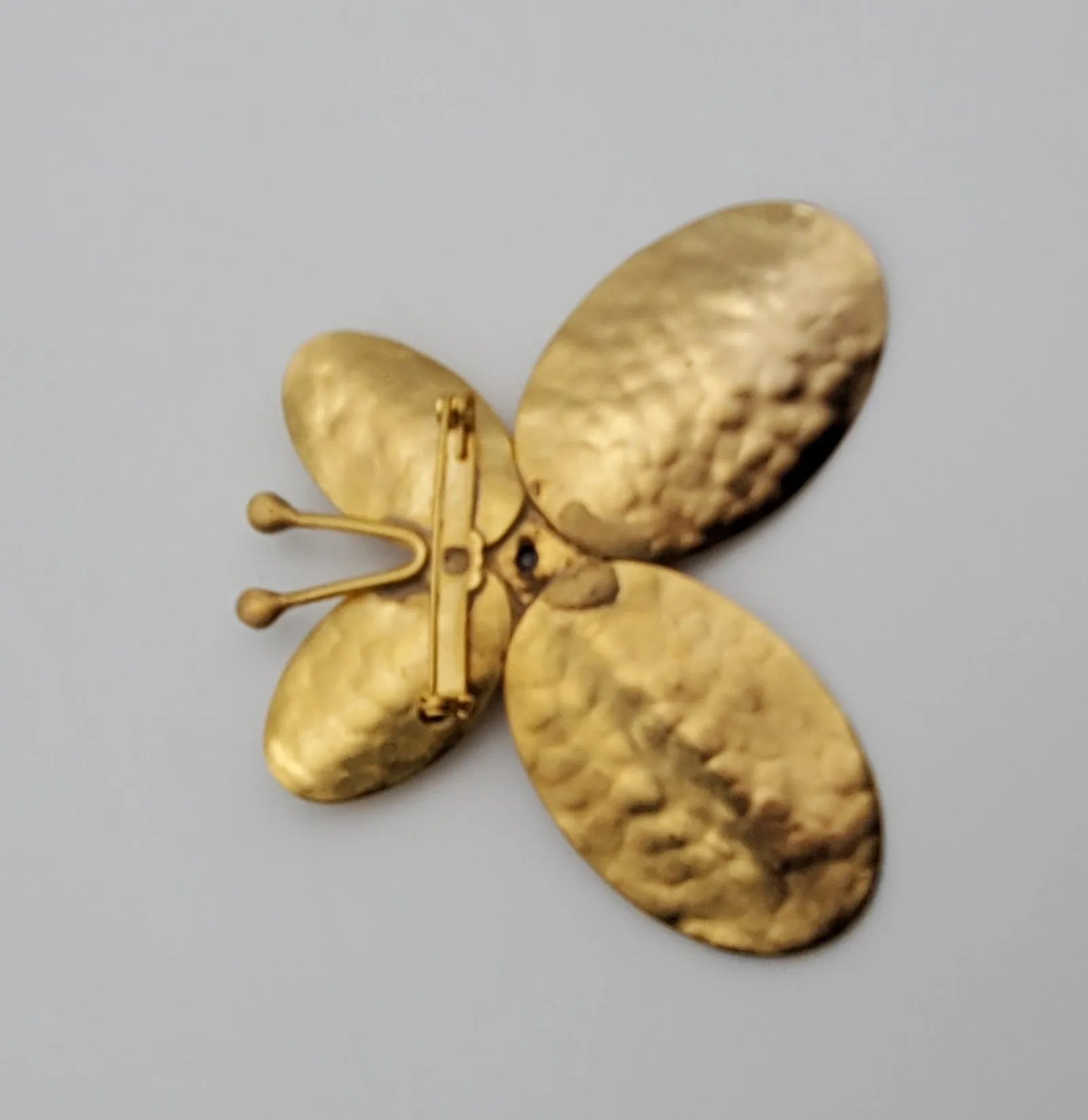 Vintage Hammered Gold Tone Butterfly with Faceted Holographic Foil Brooch