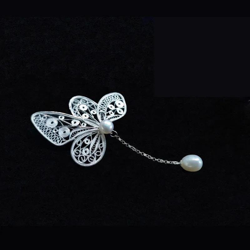 Vintage Plain Silver Filigree Butterfly Brooch/Pendant with Natural Freshwater Pearls