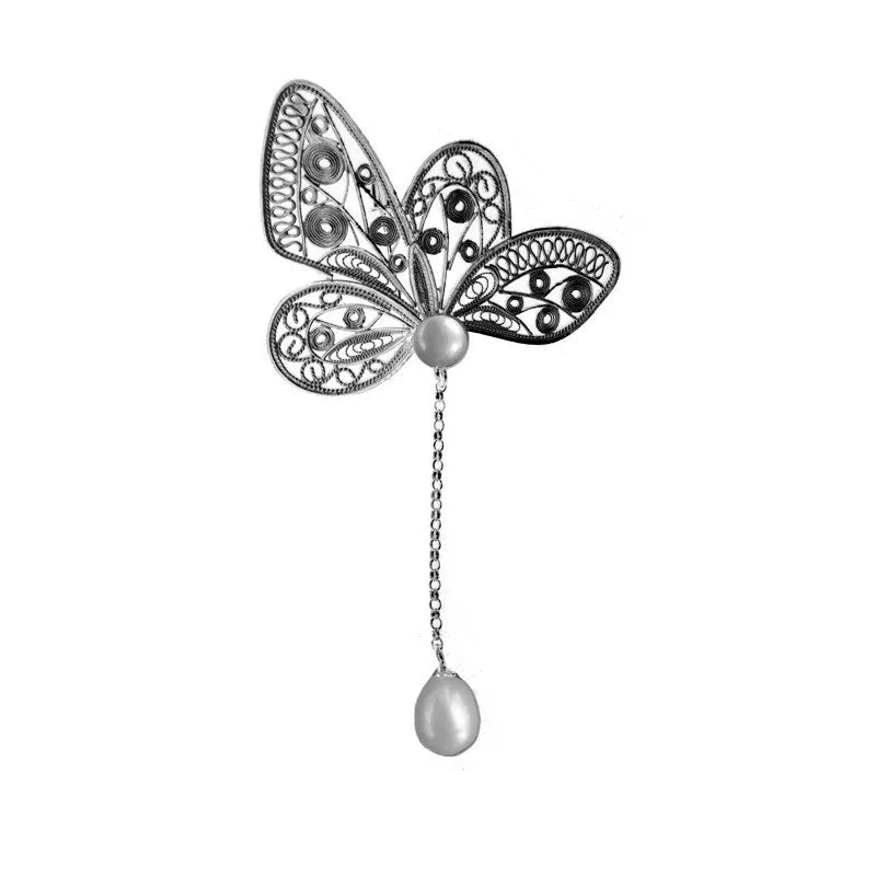 Vintage Plain Silver Filigree Butterfly Brooch/Pendant with Natural Freshwater Pearls