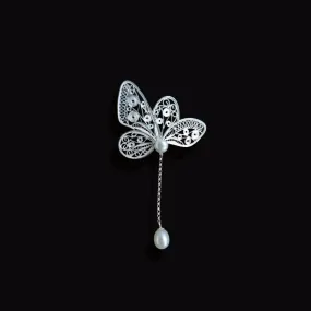 Vintage Plain Silver Filigree Butterfly Brooch/Pendant with Natural Freshwater Pearls