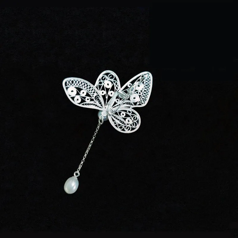 Vintage Plain Silver Filigree Butterfly Brooch/Pendant with Natural Freshwater Pearls