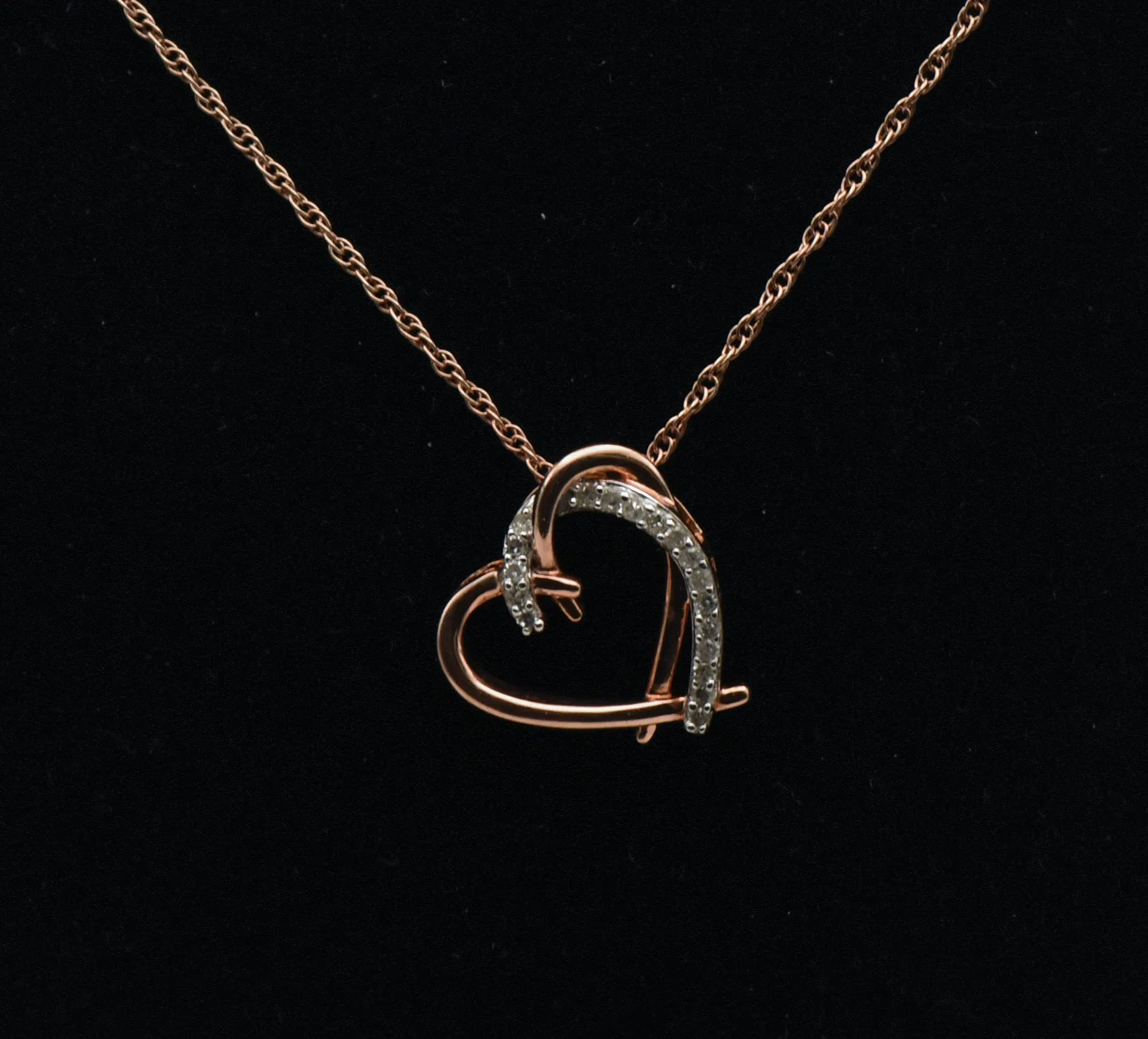 Vintage Rose Gold Tone Diamonds Heart Pendant Sterling Silver Chain Necklace - 18"