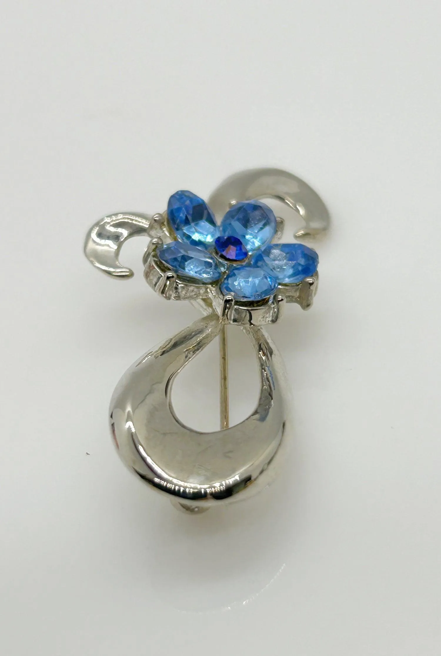 Vintage Silver Bow Brooch with Blue Stones