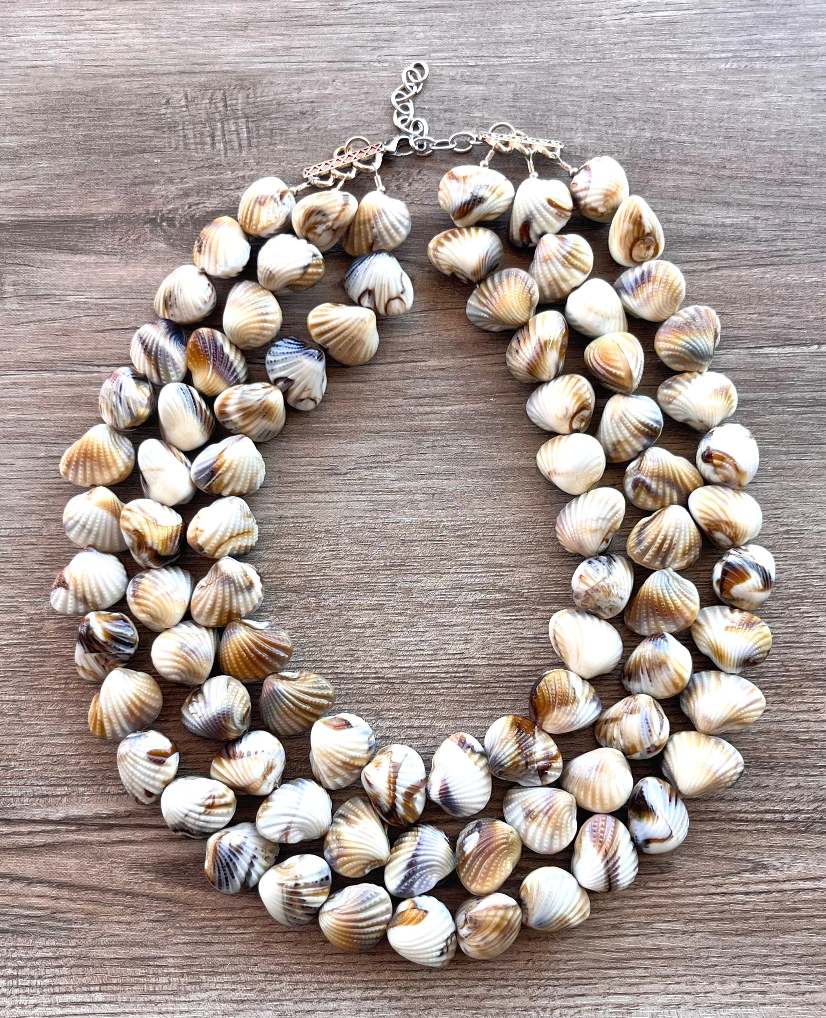 White Brown Shell Beaded Acrylic Chunky Lucite Beach Statement Necklace