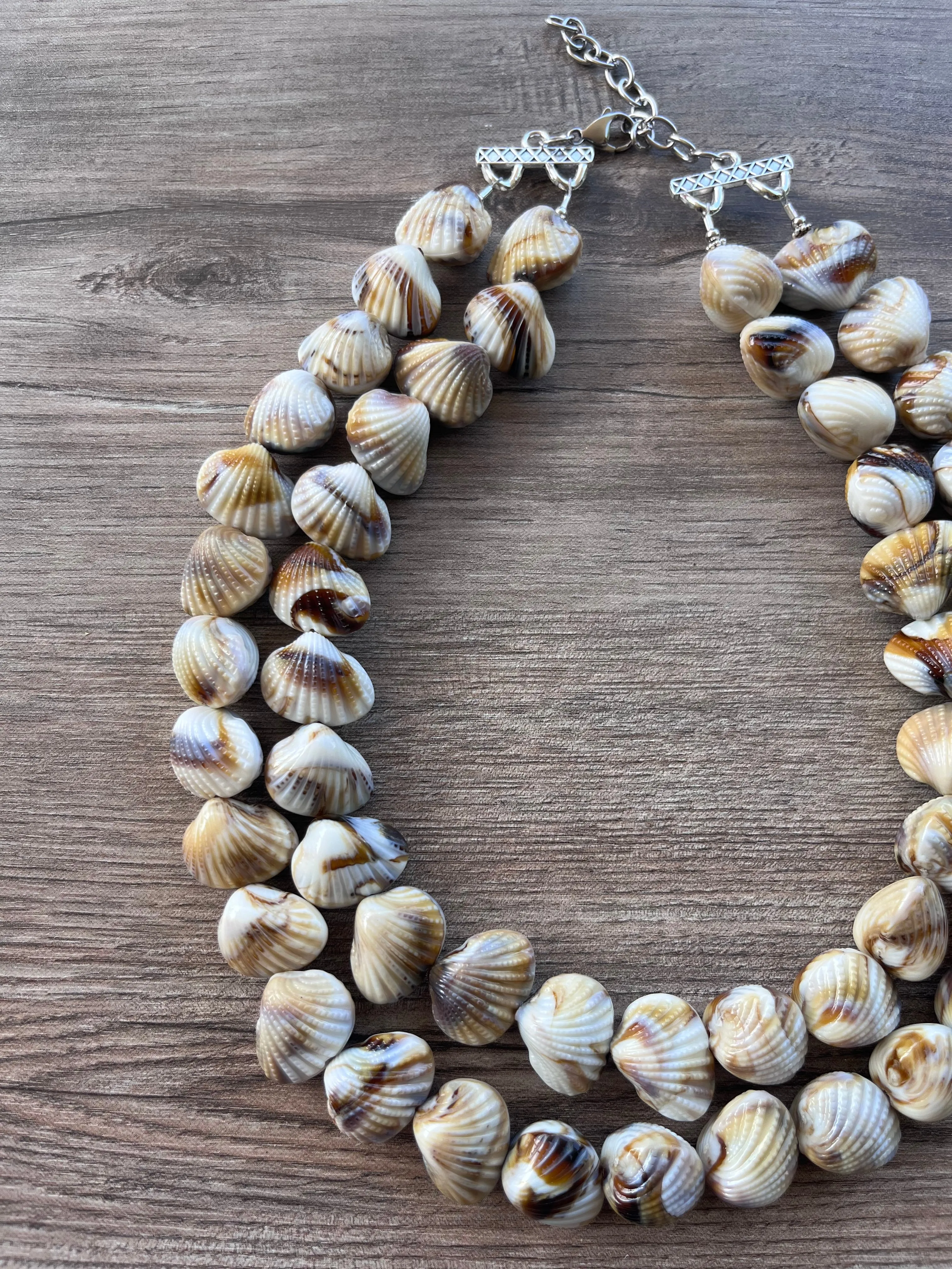 White Brown Shell Beaded Acrylic Chunky Lucite Beach Statement Necklace