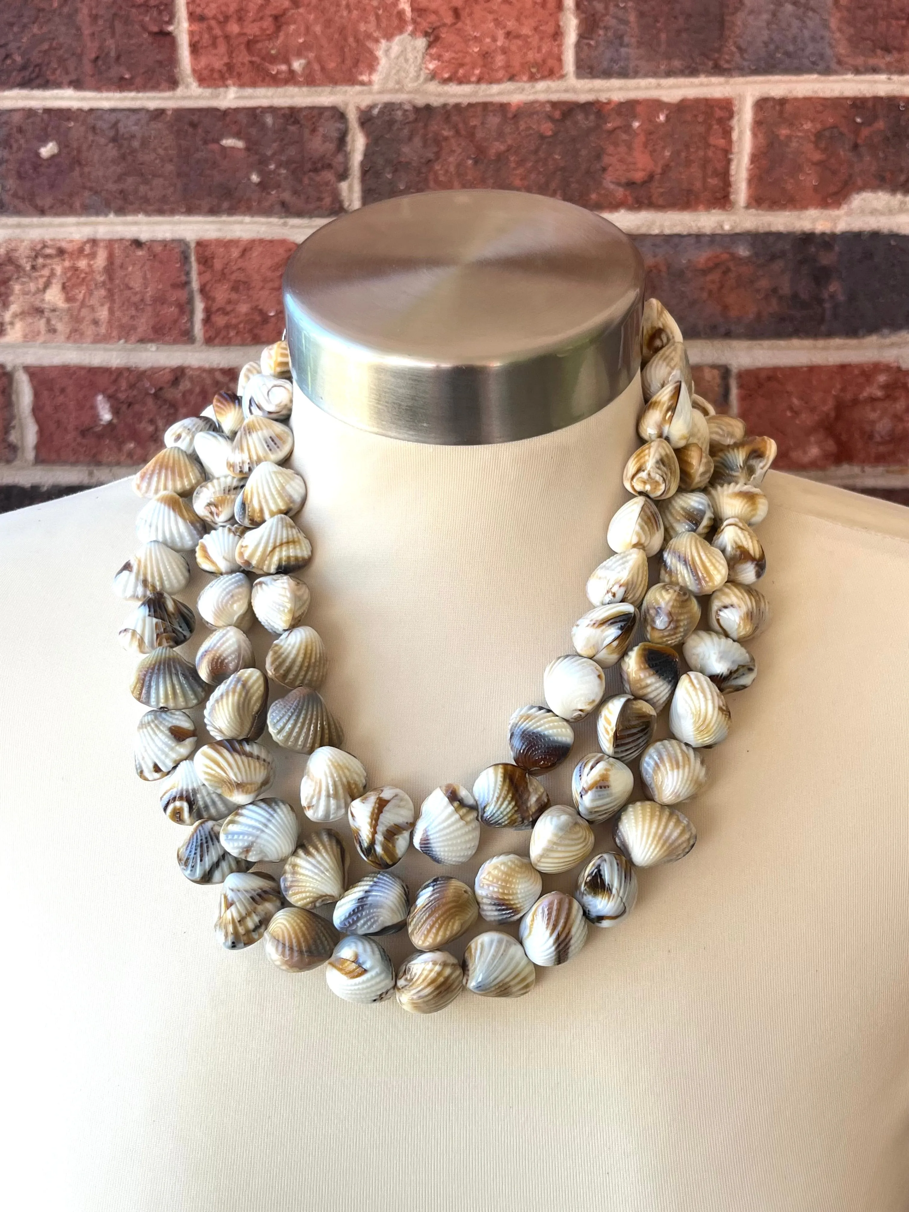 White Brown Shell Beaded Acrylic Chunky Lucite Beach Statement Necklace