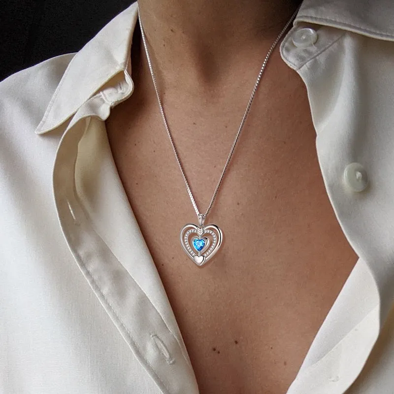 Women Blue Heart Necklace March Birthstone Pendant Aquamarine Girls Jewelry Birthday Gifts 925 Sterling Silver