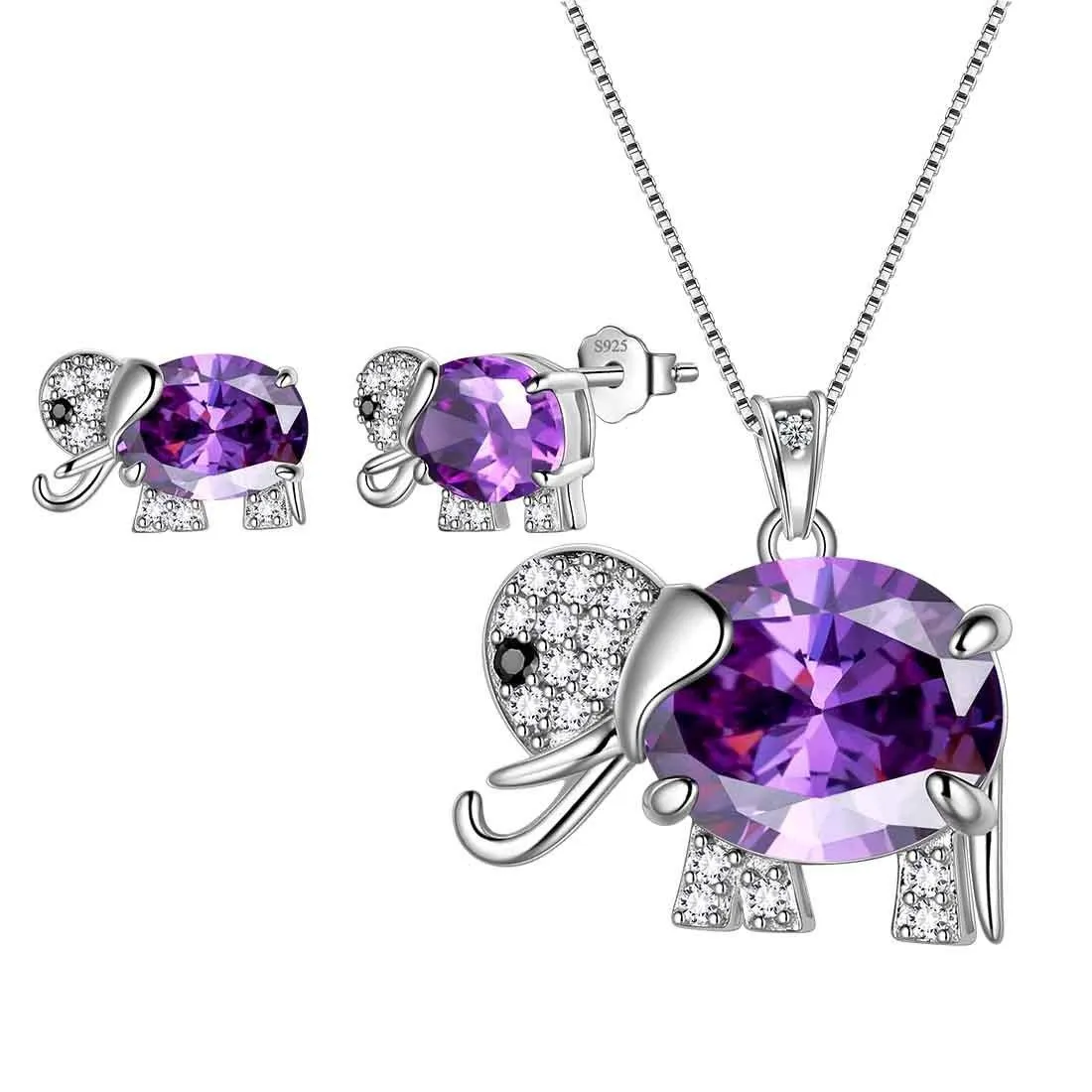 Women Elephant Necklace Earrings Ring Jewelry Set Purple February Birthstone Girls Birthday Gift