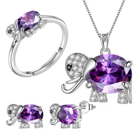 Women Elephant Necklace Earrings Ring Jewelry Set Purple February Birthstone Girls Birthday Gift