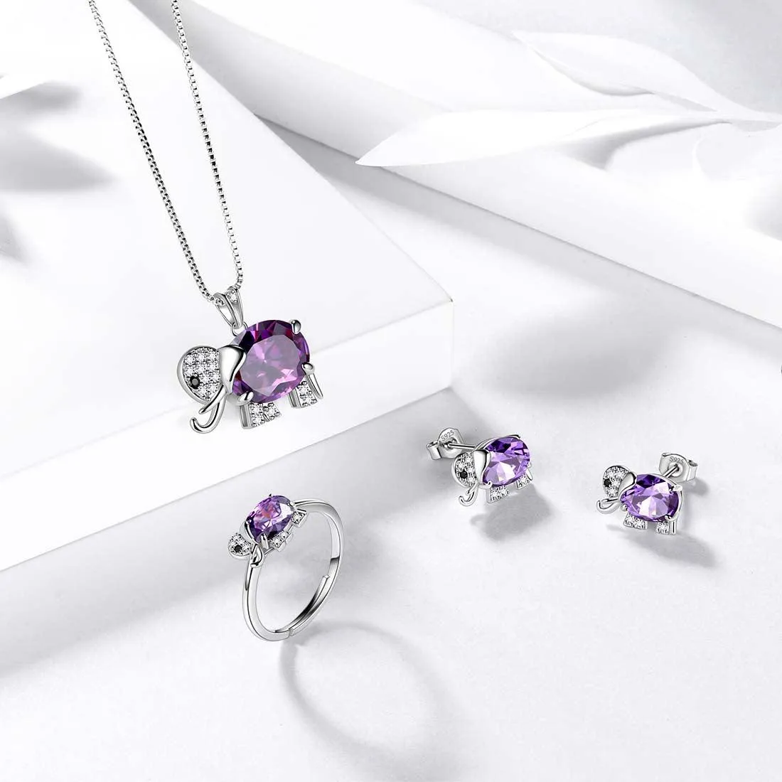 Women Elephant Necklace Earrings Ring Jewelry Set Purple February Birthstone Girls Birthday Gift