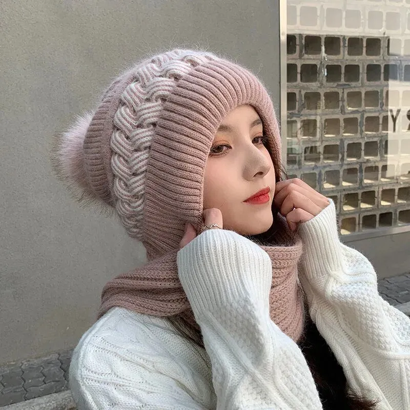 Women Winter Warm Beanies Hat Scarf set Breathable Rabbit Hair Blend Knitted Hat Scarf for Women warm lining Caps