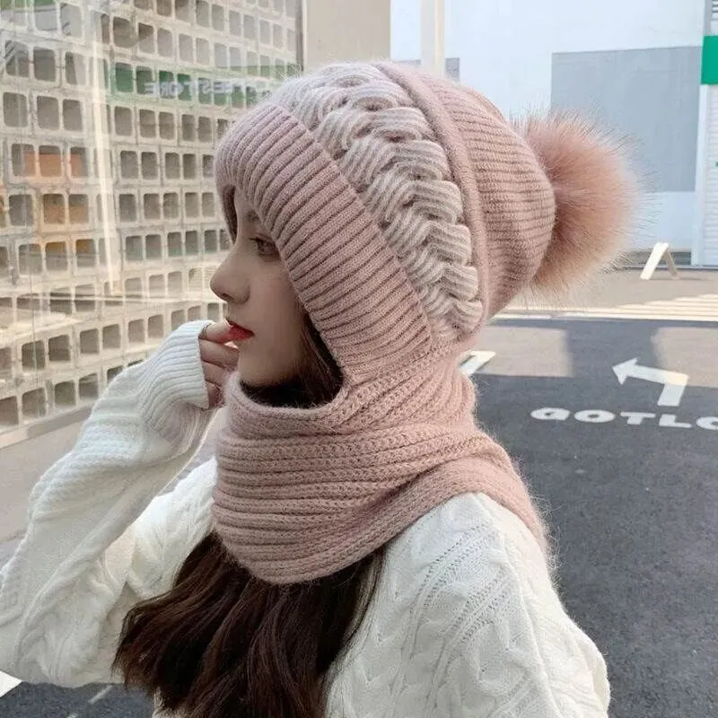 Women Winter Warm Beanies Hat Scarf set Breathable Rabbit Hair Blend Knitted Hat Scarf for Women warm lining Caps