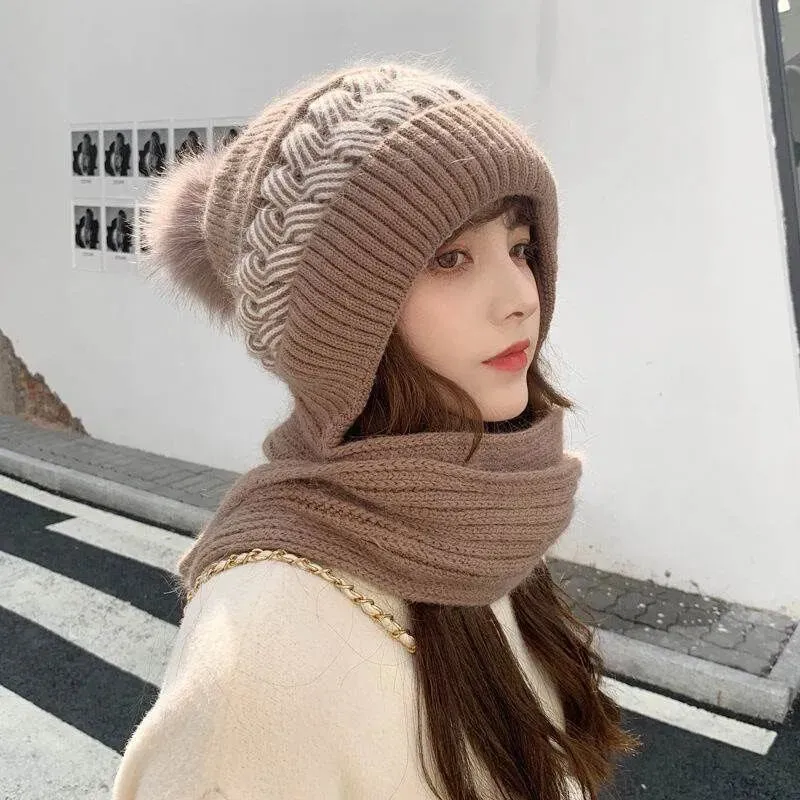 Women Winter Warm Beanies Hat Scarf set Breathable Rabbit Hair Blend Knitted Hat Scarf for Women warm lining Caps